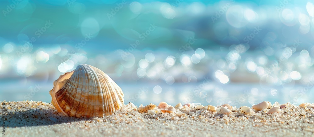 Aufkleber a seashell rests on a sandy beach with a summer background, providing a copy space image suitable fo