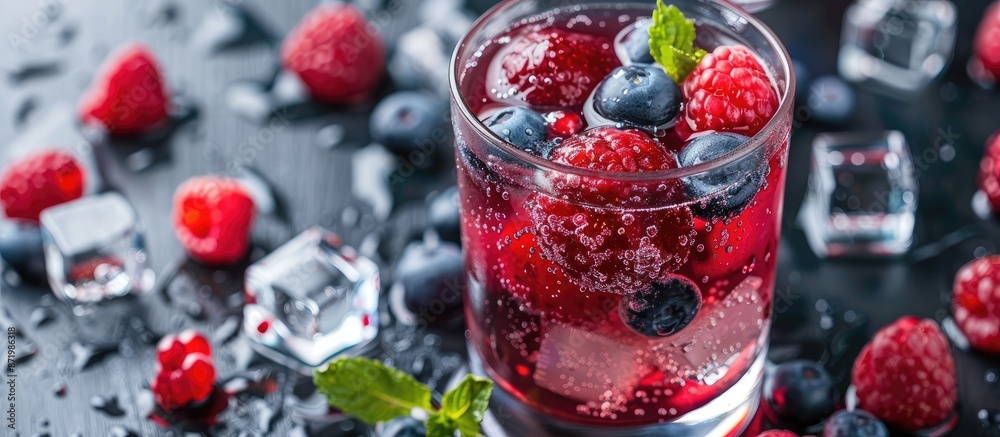 Poster Close-up shot of a summer beverage with berries and ice cubes on a table, ideal for a copy space image.