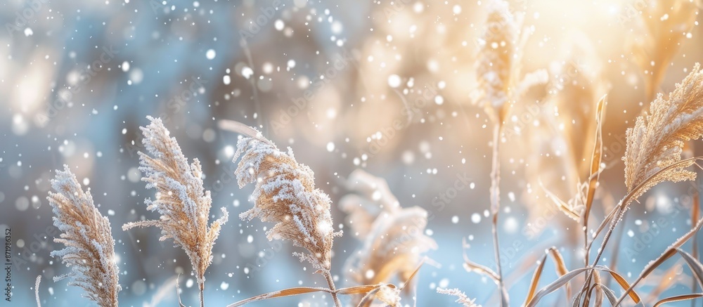 Canvas Prints In winter, snowy landscape showcases ears of silver grass creating a tranquil scene with a beautiful copy space image.