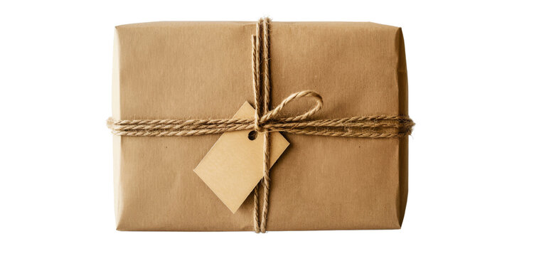 A neatly wrapped cardboard package tied with jute string and a blank tag. Ideal for gift, shipping, or delivery concepts. transparent background.