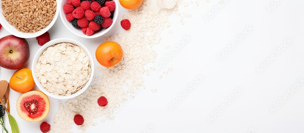 Poster top view of raw and vegan oats presented on a white background for a brunch, creating a natural food