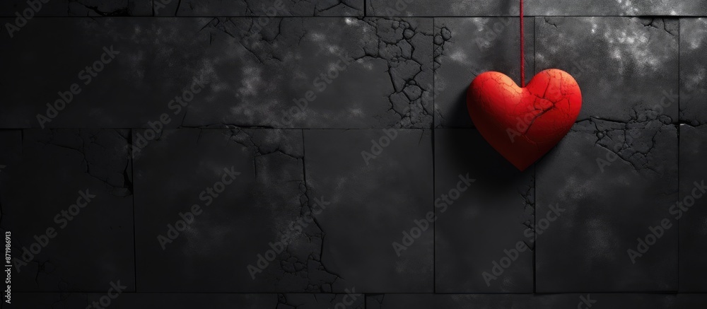 Aufkleber red heart hanging on a string against a crumpled black backdrop, depicting a love relationship conce