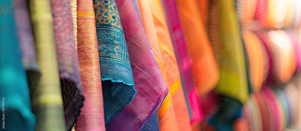 Poster Close-up image displaying various colored cloth and fabric samples at a market stall with copy space image.
