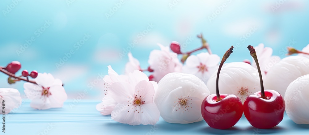 Poster colorful background enhances the appeal of delicious cherry dumplings in the image with copy space.