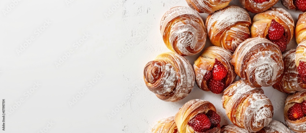 Poster Strawberry bread rolls arranged in a heap with a white backdrop providing space for images.