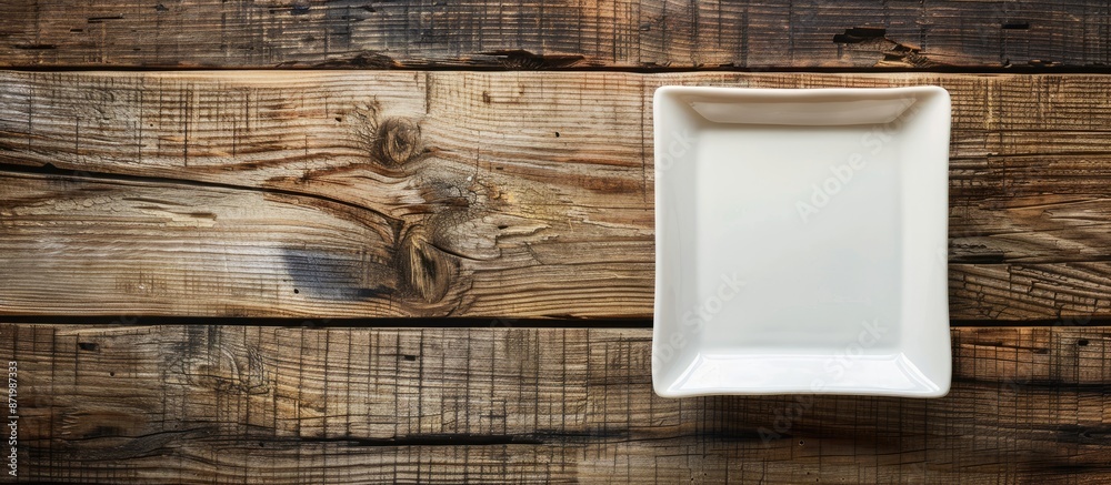 Poster Square plate on wooden backdrop with copy space image for your design.