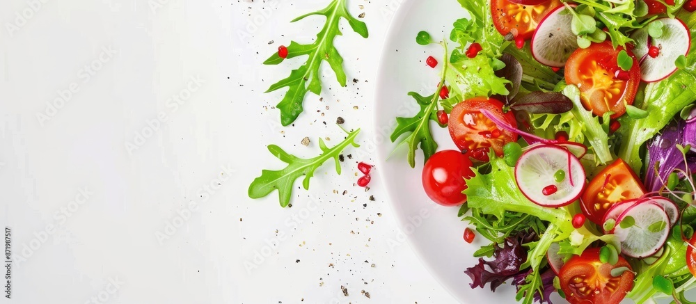 Poster close-up of tabule salad on a white background for a menu, providing a copy space image.