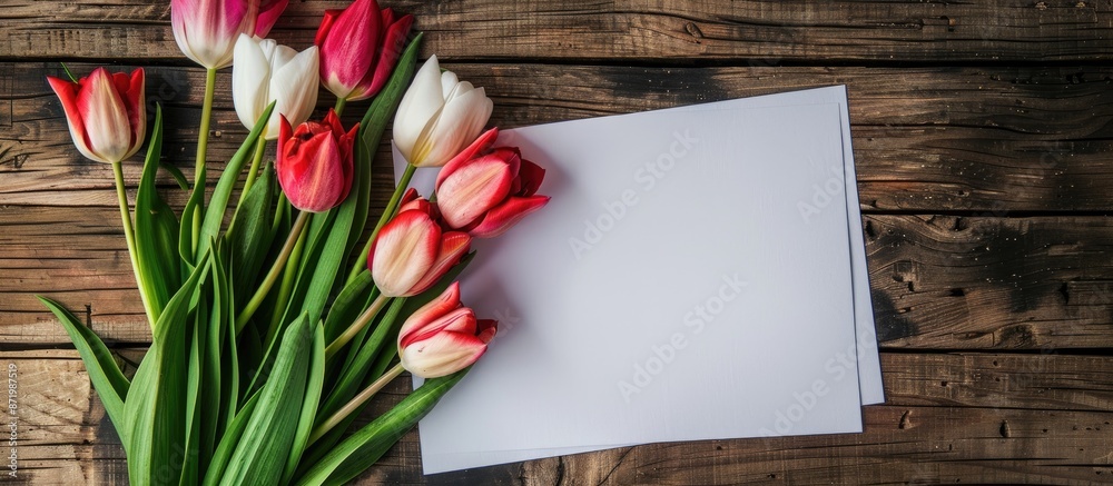 Poster Tulips arranged next to a blank sheet for copy space image.