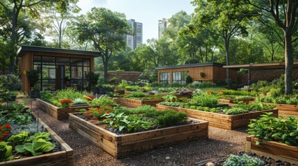 Depict a zero-waste community garden where residents compost, recycle, and grow their own food contributing to carbon neutrality