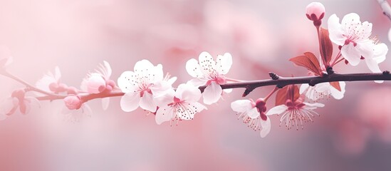 Fototapeta premium Soft focus background with a pink color filter, displaying an abstract sakura blossom with copy space image.