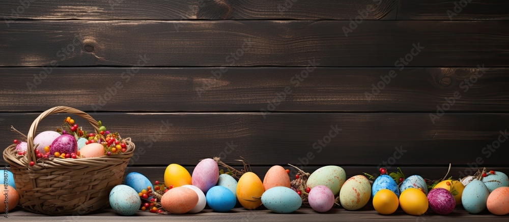 Poster Wooden surface with wicker baskets and colorful Easter eggs in a copy space image.