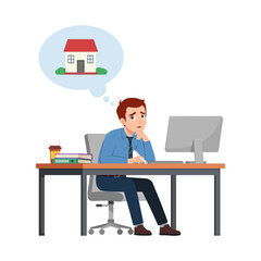man employee think and want to go home, sit in desk working on office with computer