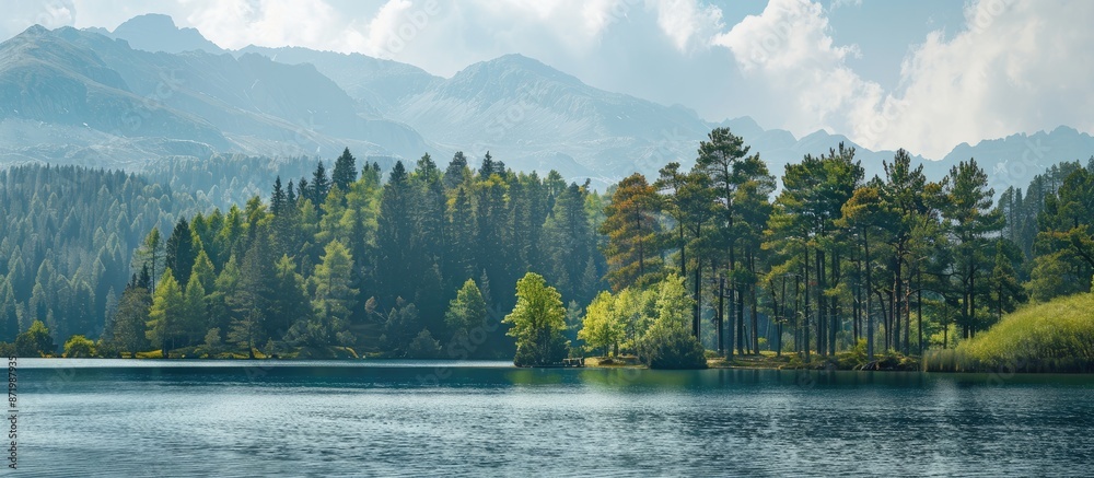 Poster scenic view of a lake with a backdrop of a pine forest, ideal for a copy space image.