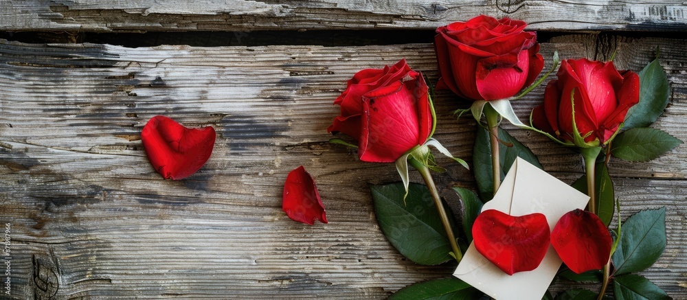 Poster Red roses and a heart-shaped card placed on weathered wood with copy space image for your message.