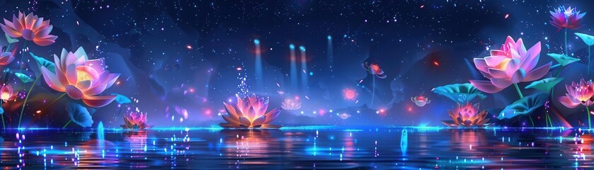 Futuristic 3D scene of a digital Loy Krathong festival with holographic krathongs and neon light patterns, modern and cultural