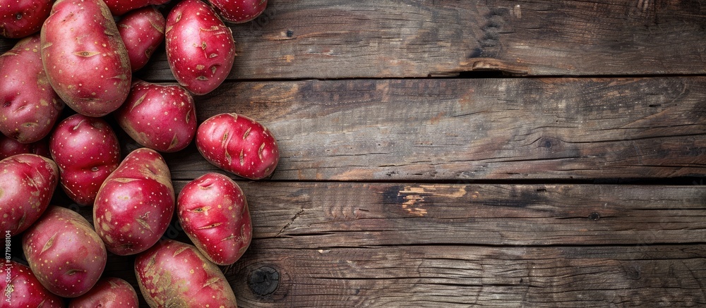 Poster A top view of red skinned potatoes on a wooden surface with a duplicated image in the center, featuring copy space.