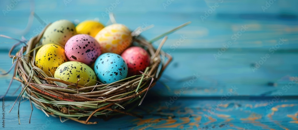 Poster colorful easter eggs arranged in a basket on a blue wooden backdrop with selective focus, creating a