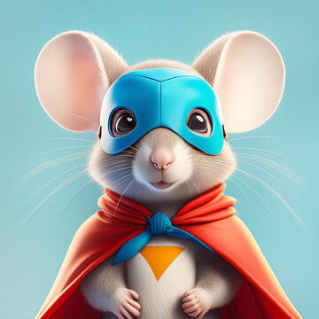 Retrato de un rat&oacute;n superh&eacute;roe con m&aacute;scara y capa sobre un fondo celeste pastel. Vista de frente y de cerca. Copy space. AI Generativa