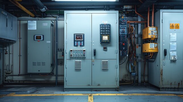 An electrical transformer equipment next to a circuit breaker box, sealed within a cabinet, inside of a factory, clean materials, new installation. Generative AI.