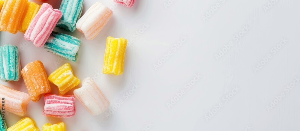 Poster Top view of sweet chewing gums on a white background with copy space image.