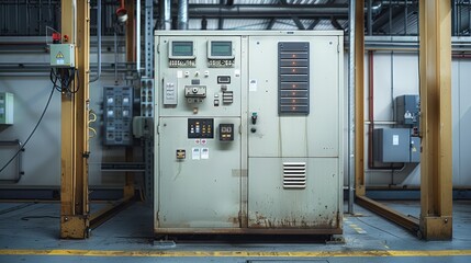 An electrical transformer equipment next to a circuit breaker box, sealed within a cabinet, inside of a factory, clean materials, new installation. Generative AI.