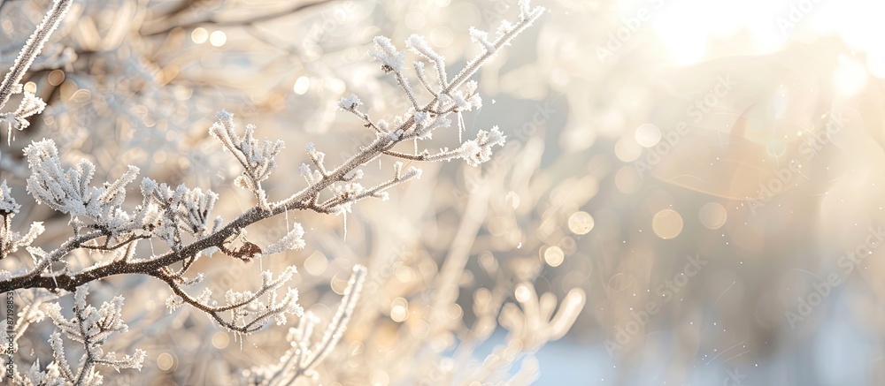 Fototapete Snow-white branches of an apple tree with hoarfrost, set against a sunny winter background, creating an abstract scene with copy space image.
