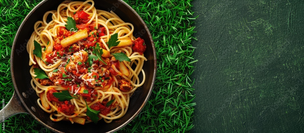Poster An image showing spaghetti with pork tomato sauce and French fries on a pan placed on artificial grass, ideal as a menu background with space for text.