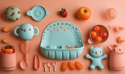 Obraz premium flat lay composition, silicone baby bib, dishware on peach color background serving baby food concept flat lay top view.image