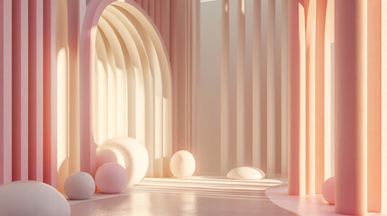 Fototapeta premium abstract 3d scene arched door and white ball with pink background and sunlight, 3d render in the minimal style