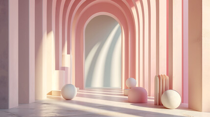 abstract 3d scene arched door and white ball with pink background and sunlight, 3d render in the minimal style