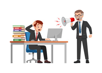 man employee sit in desk working on office with computer, boss standing angry