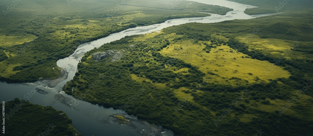 Aufkleber View from above of a winding river with a copy space image.