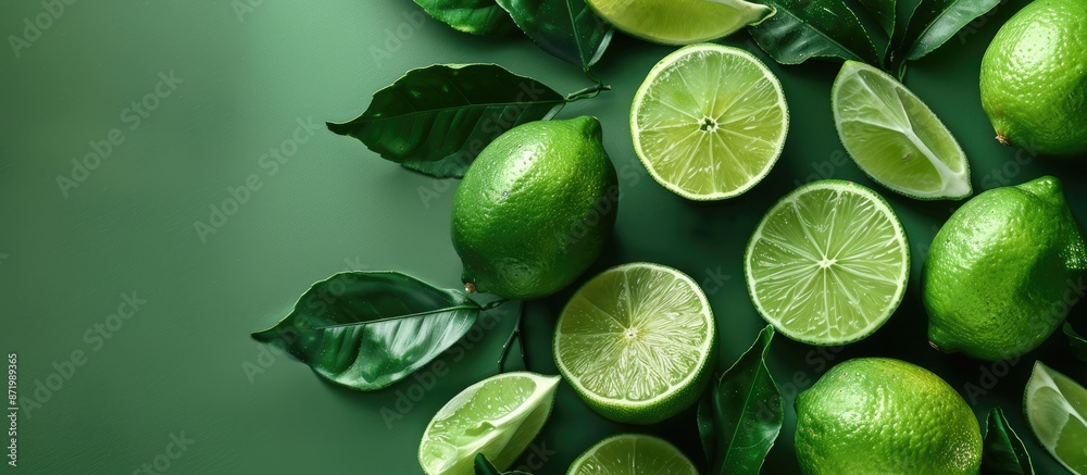 Poster a vibrant green background displays fresh lime slices with leaves, offering copy space in a top view