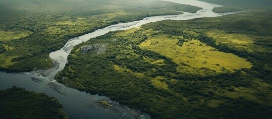 View from above of a winding river with a copy space image.