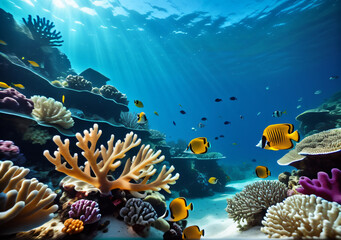 Underwater Scene With Coral Reef And Exotic Fishes . Generative AI.	