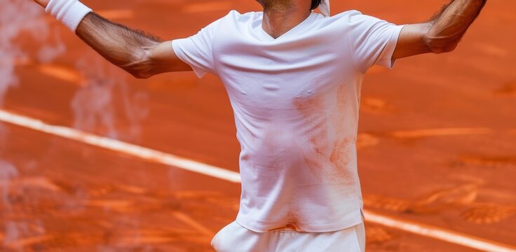Tennis player in white pumps, fist in celebration on tennis court, showcasing enthusiasm, commitment to sport. Moment captures the essence of competitive tennis.