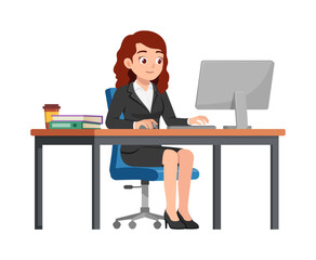 happy woman employee sit in desk working on office with computer