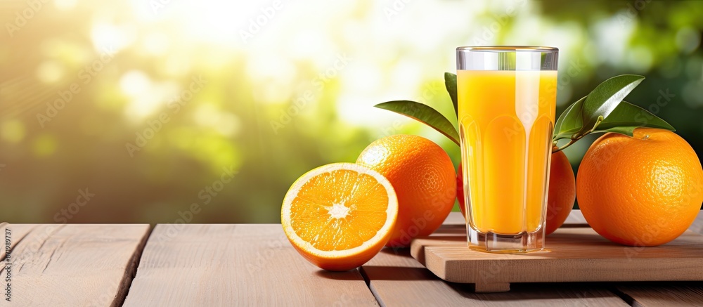 Poster glass of orange juice with slices on a wooden table against a bright backdrop, ideal for copy space 