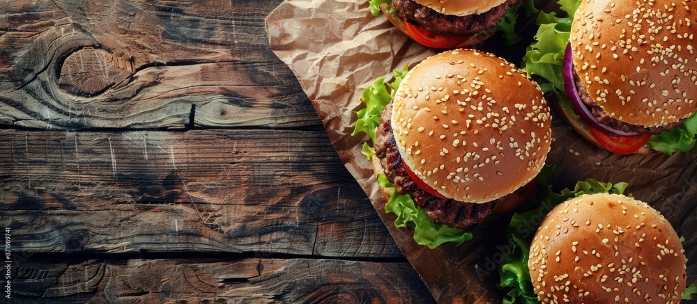 Poster close-up of homemade burgers on a rustic wooden backdrop with copy space image.