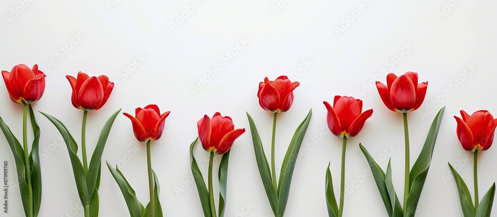 Poster Top-down view of lovely red tulips set against a white backdrop, ideal for showcasing text. Displayed flat with room for additional content.