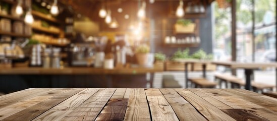 Create a product display montage using an empty brown wooden table as the focal point with a blurred coffee shop background featuring bokeh, perfect for adding copy space image.