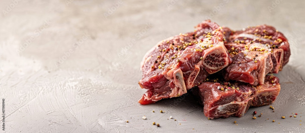 Poster Raw meat seasoned with spices, with a rustic appearance, displayed against a plain background in a copy space image.