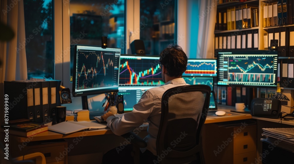 Poster A man sits at a desk in a dimly lit office, facing multiple computer monitors displaying stock market charts. He appears to be analyzing financial data.