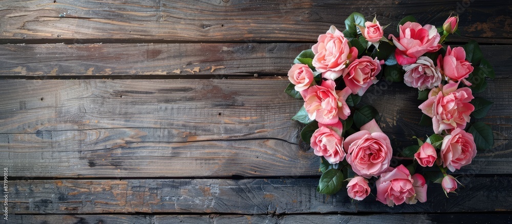 Poster valentine's day background featuring a floral arrangement of pink roses in a wreath on a wooden back
