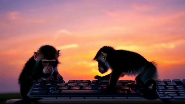 Two Monkeys Typing on a Keyboard at Sunset Generative AI