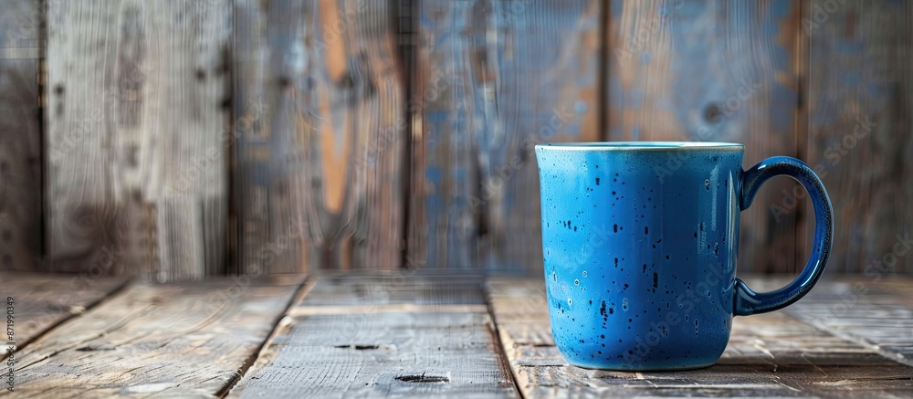 Aufkleber A blue coffee mug is placed on a rustic wooden table, offering a front view with ample copy space in the image.