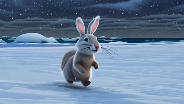 Rabbit Running In Snow At Night Generative AI