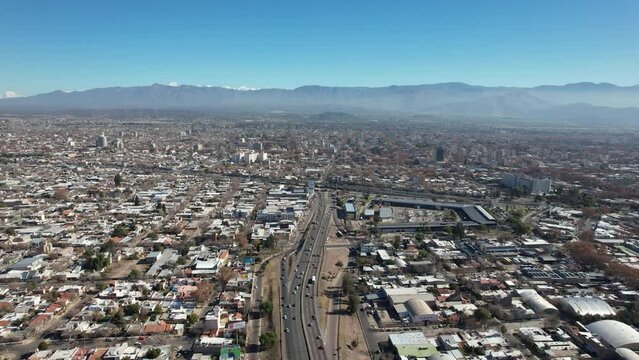 Aerial view of the city of Mendoza, with the snowy Andes Mountains in the background. Argentina