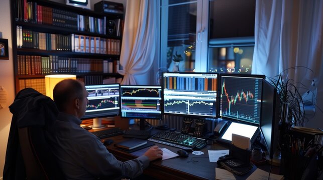 A man sits at his home office desk, looking intently at four computer monitors displaying financial charts. He is analyzing the data to make investment decisions.