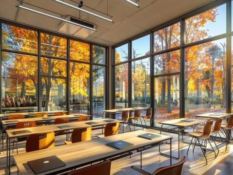 Ultramodern classroom with virtual autumn scenery through expansive smart windows, collaborative group study, and warm atmospheric lighting